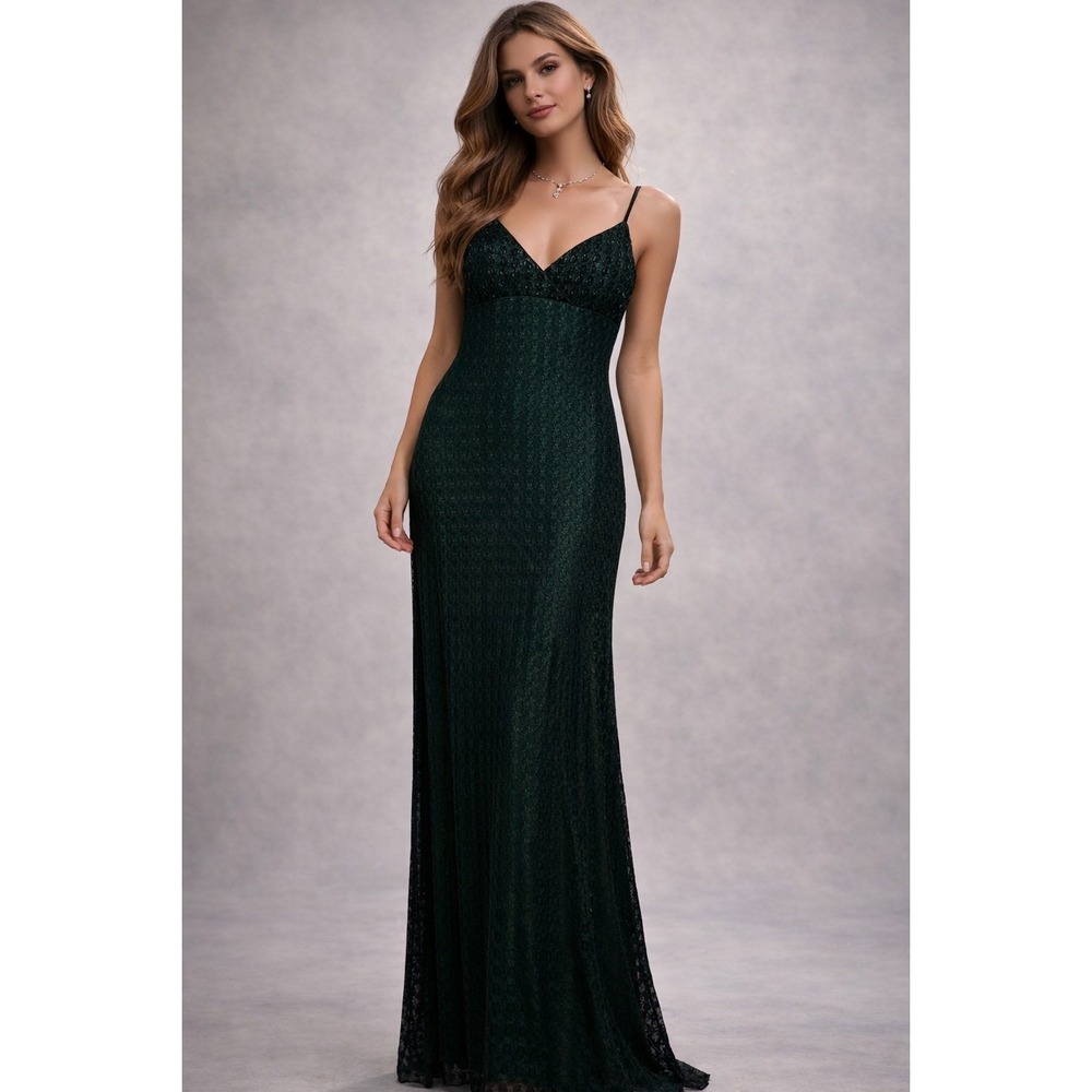 VTG Y2K Cache Maxi Dress 8 Emerald Green Black Lace Beaded Formal Prom Babydoll